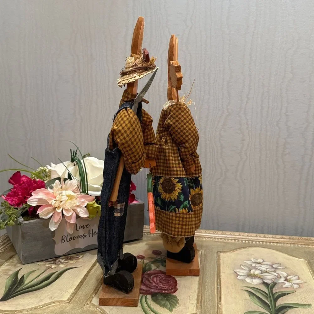 Vintage Wooden Easter Bunny Country Couple Farmers Primitive Country Folk Art